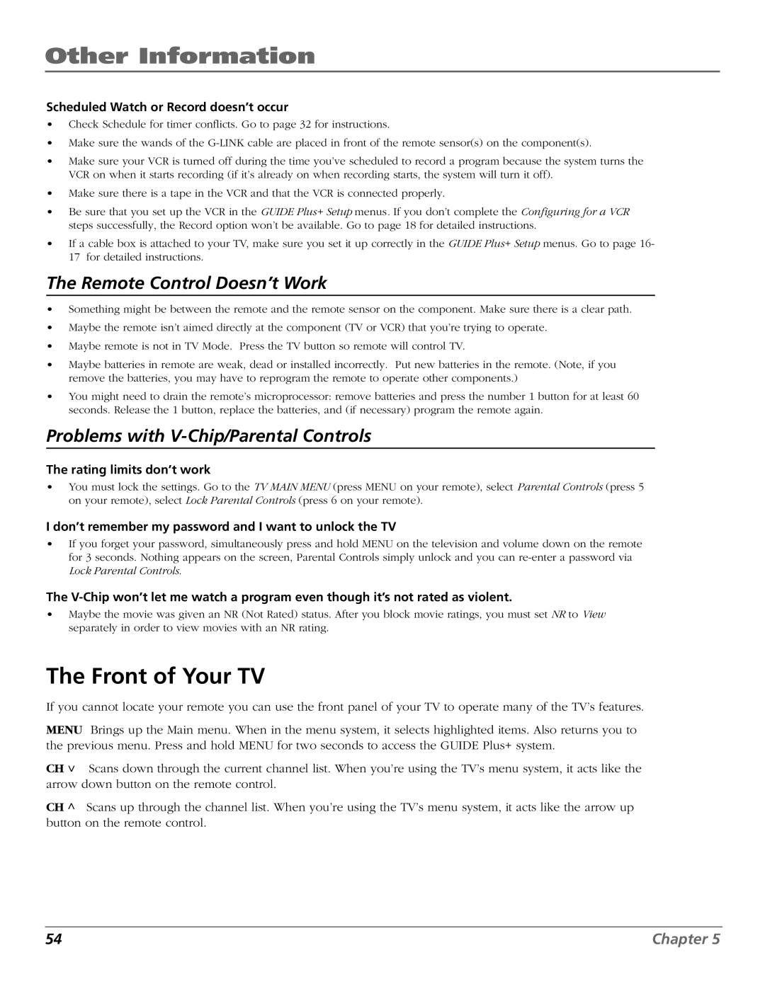 RCA F25423 manual Front of Your TV, Scheduled Watch or Record doesn’t occur 