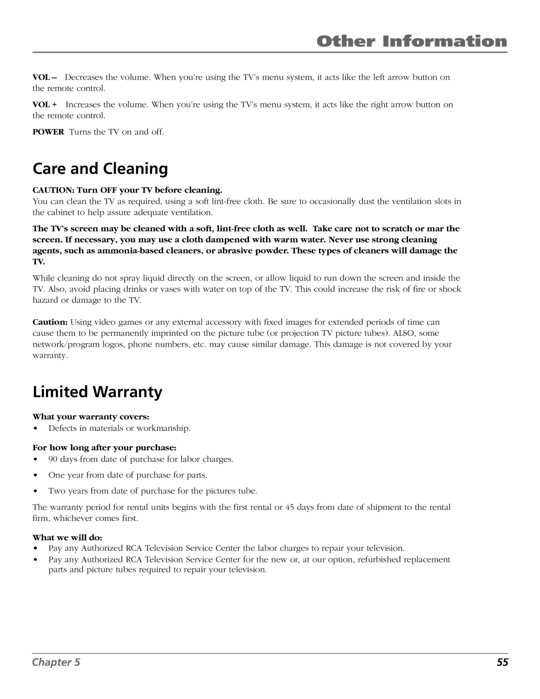 RCA F25423 manual Care and Cleaning, Limited Warranty 