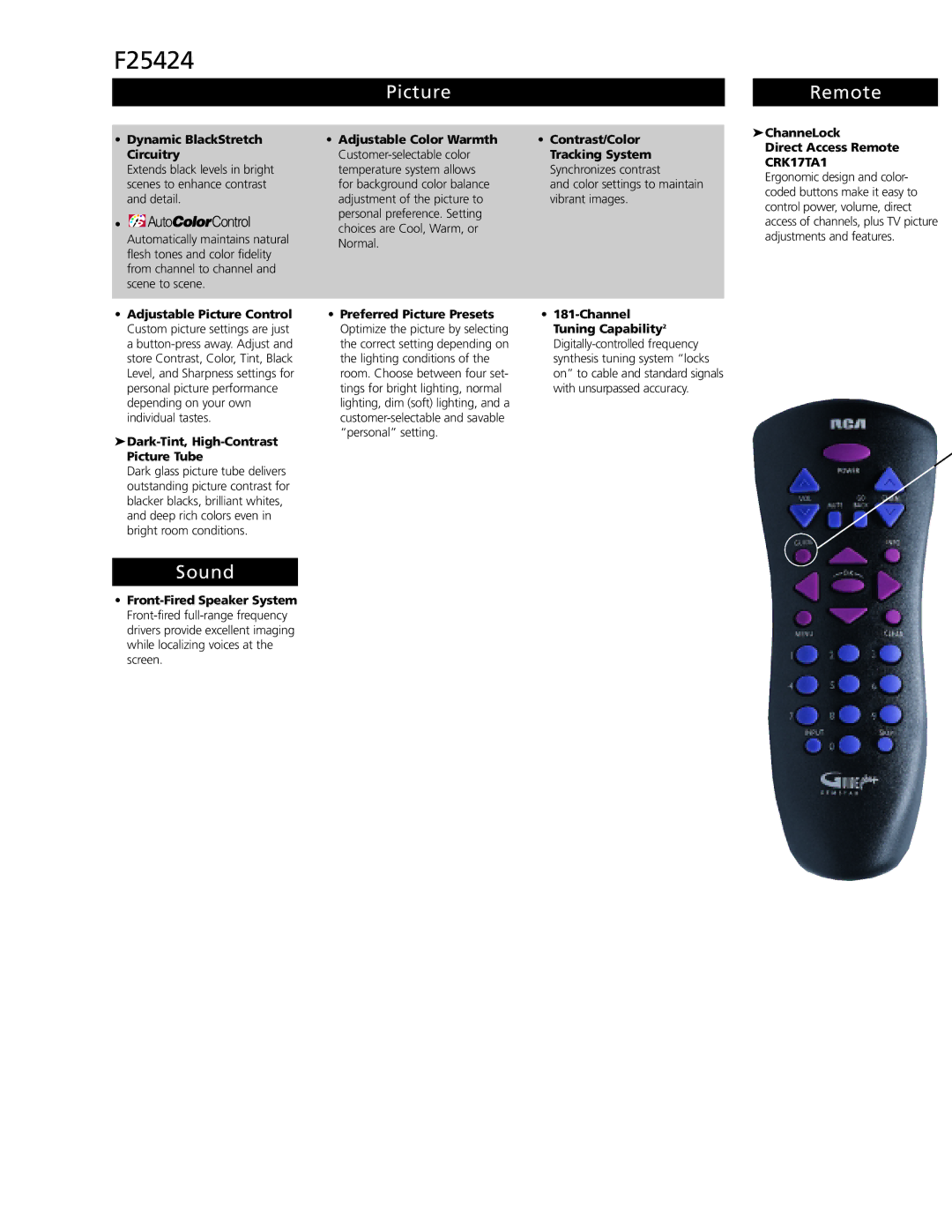 RCA F25424 manual Picture Remote, Sound, Dynamic BlackStretch Circuitry, ChanneLock Direct Access Remote CRK17TA1 