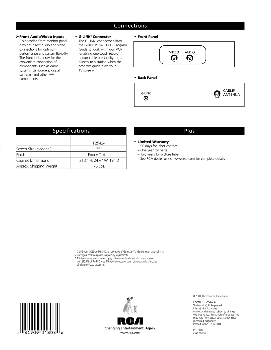 RCA F25424 manual Connections, Specifications, Plus 