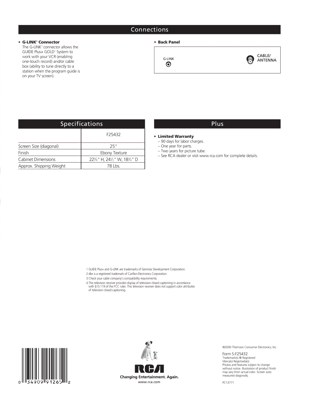 RCA F25432 manual Connections, Specifications Plus, LINK1Connector, Back Panel, Limited Warranty 