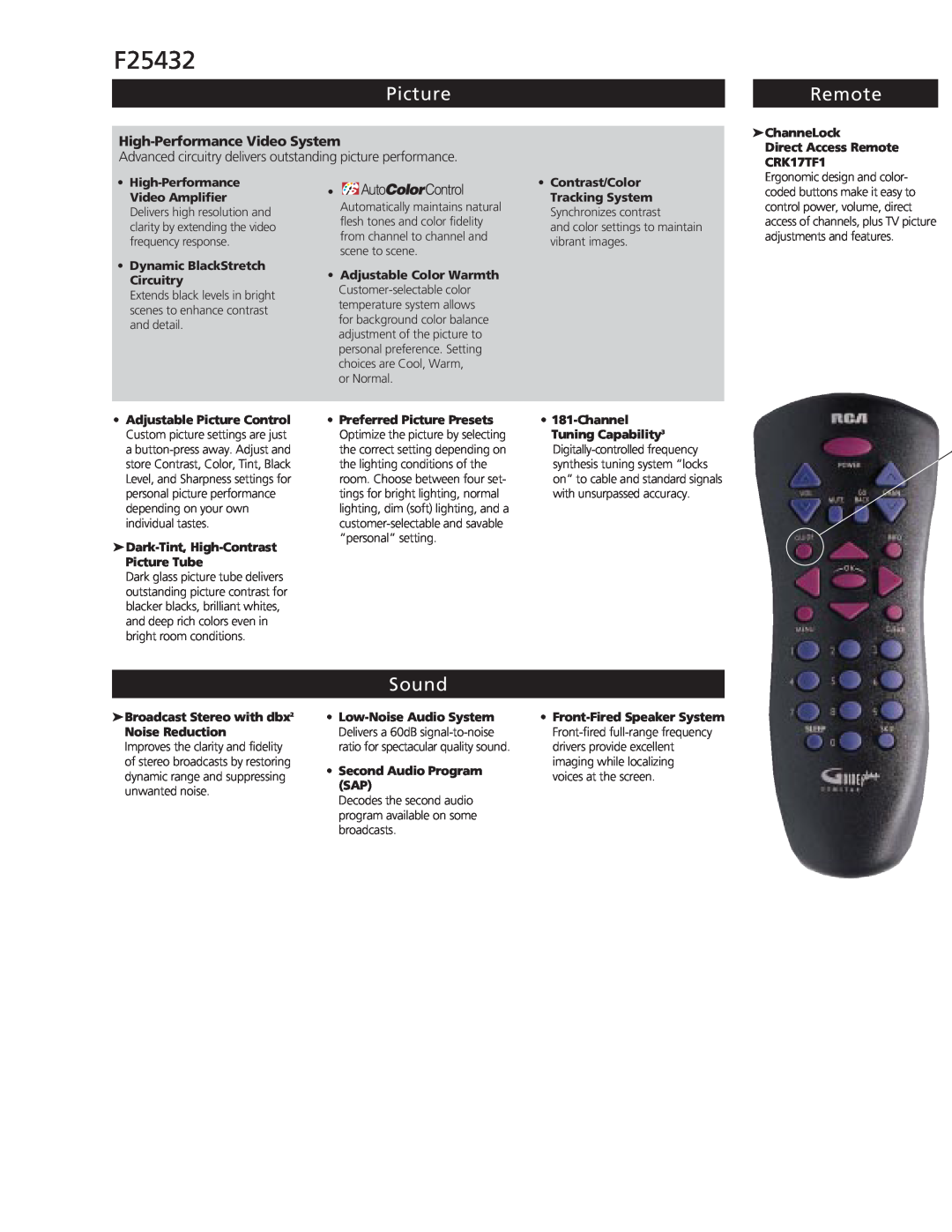 RCA F25432 Picture, Remote, Sound, High-Performance Video System, or Normal, and color settings to maintain vibrant images 