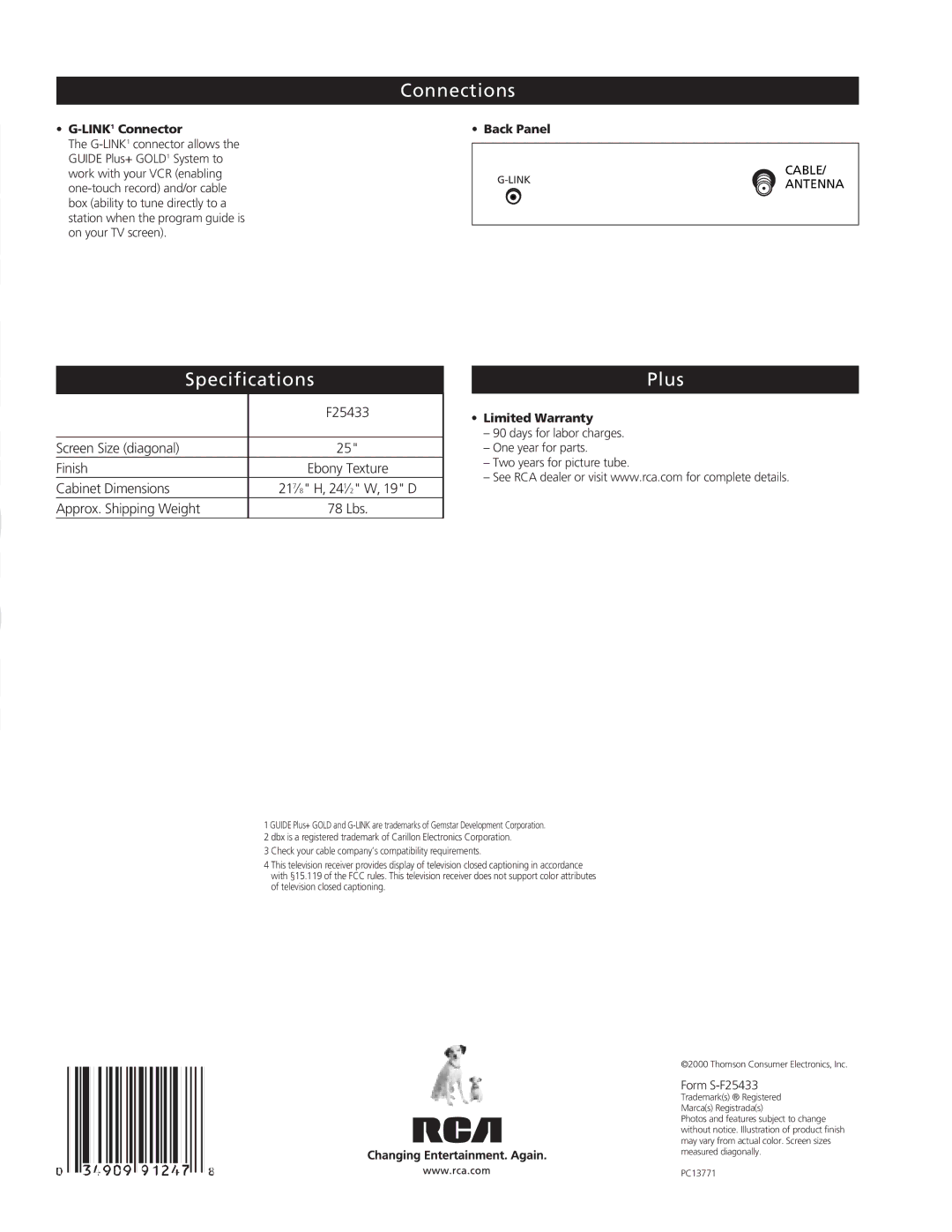 RCA F25433 manual Connections, Specifications Plus, LINK1Connector, Back Panel, Limited Warranty 