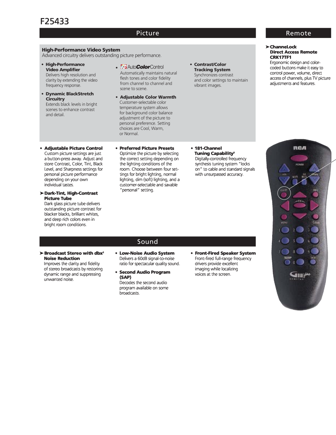 RCA F25433 Picture, Remote, Sound, High-Performance Video System, or Normal, and color settings to maintain vibrant images 