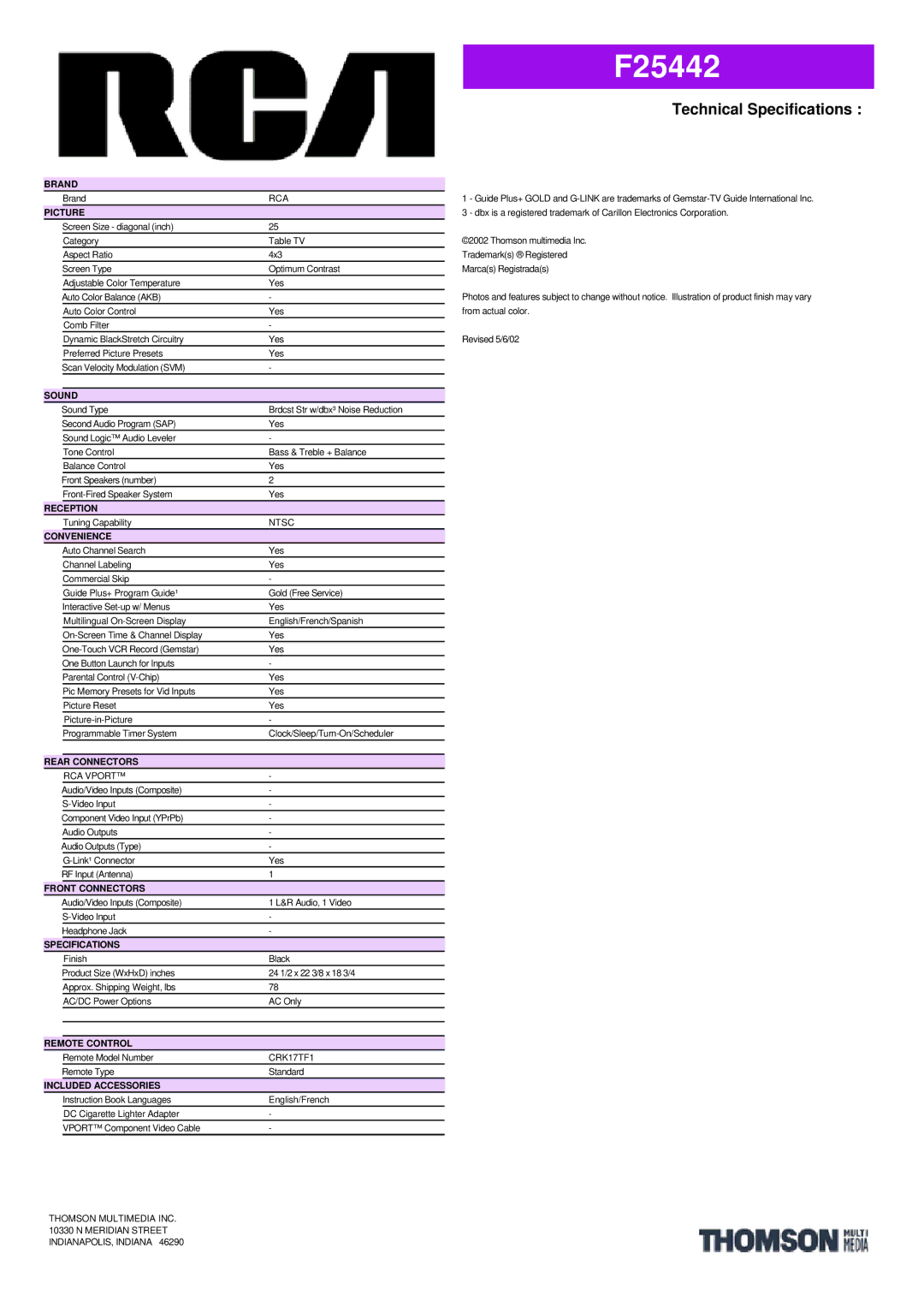 RCA F25442 manual Brand, Picture, Sound, Reception, Convenience, Rear Connectors, Front Connectors, Specifications 