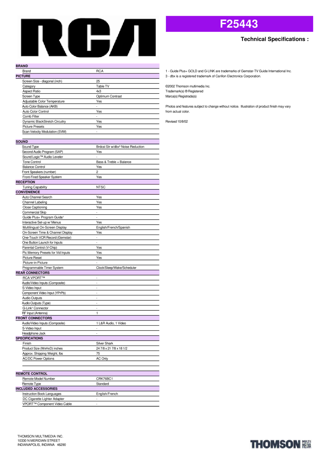 RCA F25443 manual Brand, Picture, Sound, Reception, Convenience, Rear Connectors, Front Connectors, Specifications 