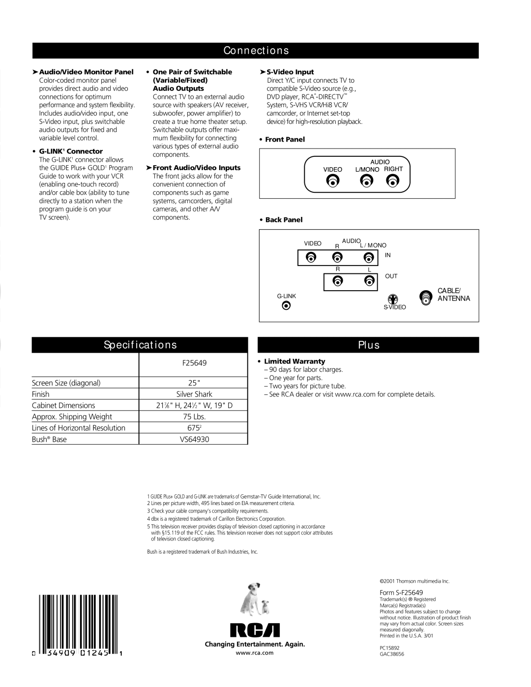 RCA F25649 manual Connections, Specifications Plus 