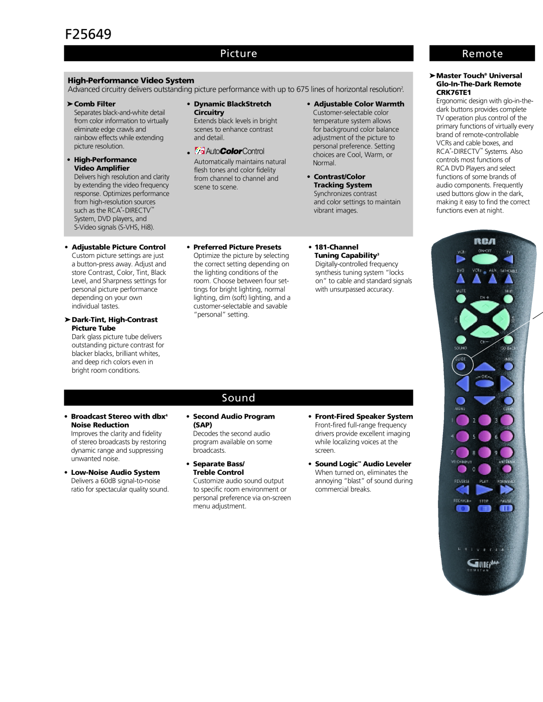 RCA F25649 manual Picture, Remote, Sound, High-Performance Video System 