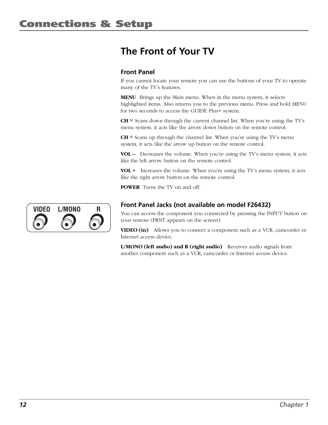 RCA F19442 manual Front of Your TV, Front Panel Jacks not available on model F26432 