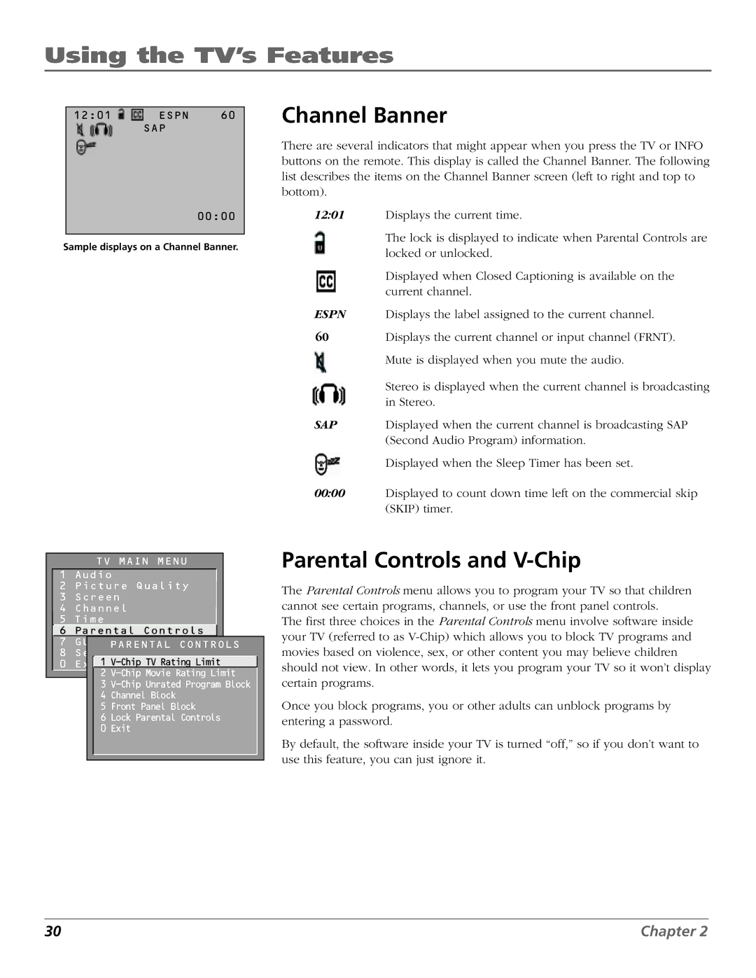 RCA F26432, F19442 manual Channel Banner, Parental Controls and V-Chip 