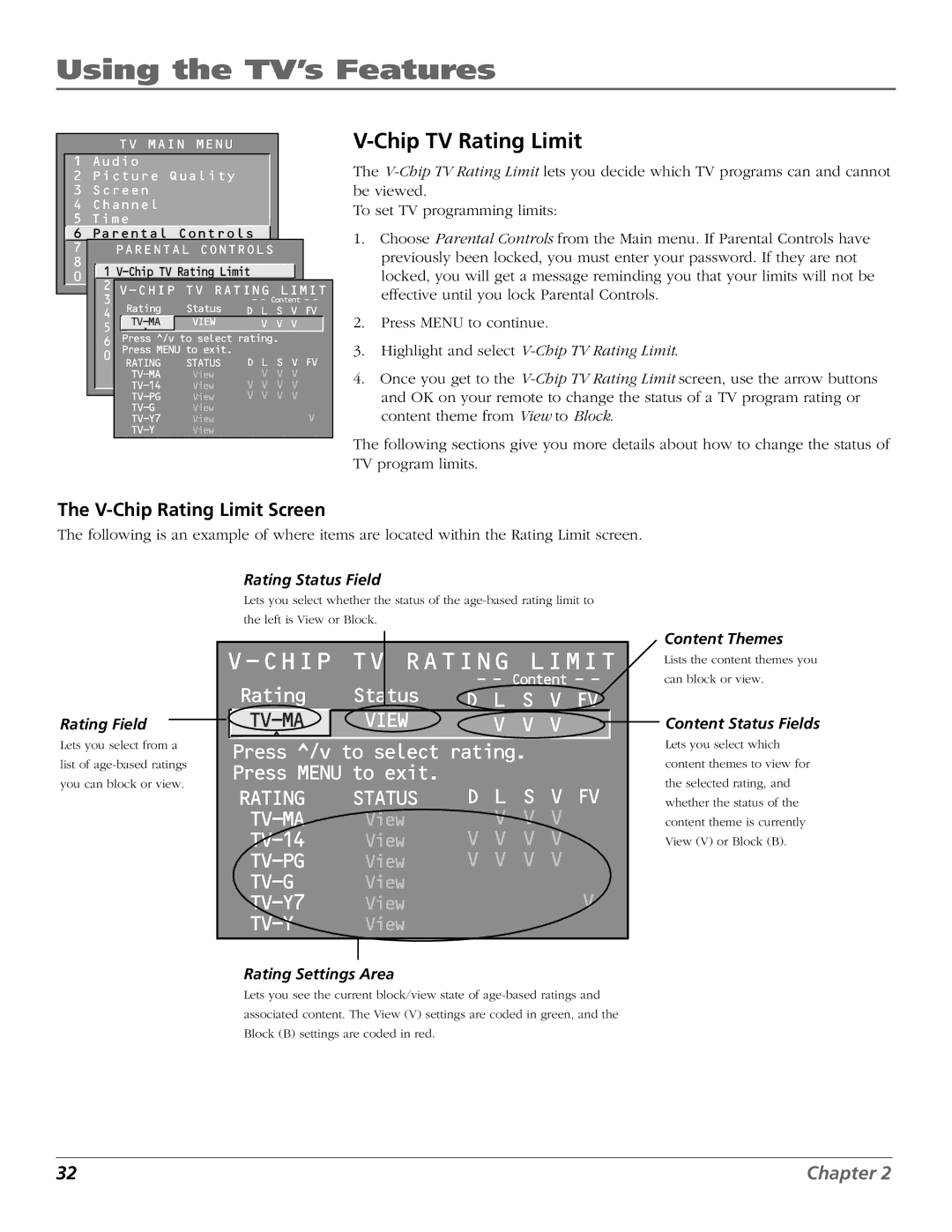 RCA F26432, F19442 manual Chip TV Rating Limit, V-Chip Rating Limit Screen 