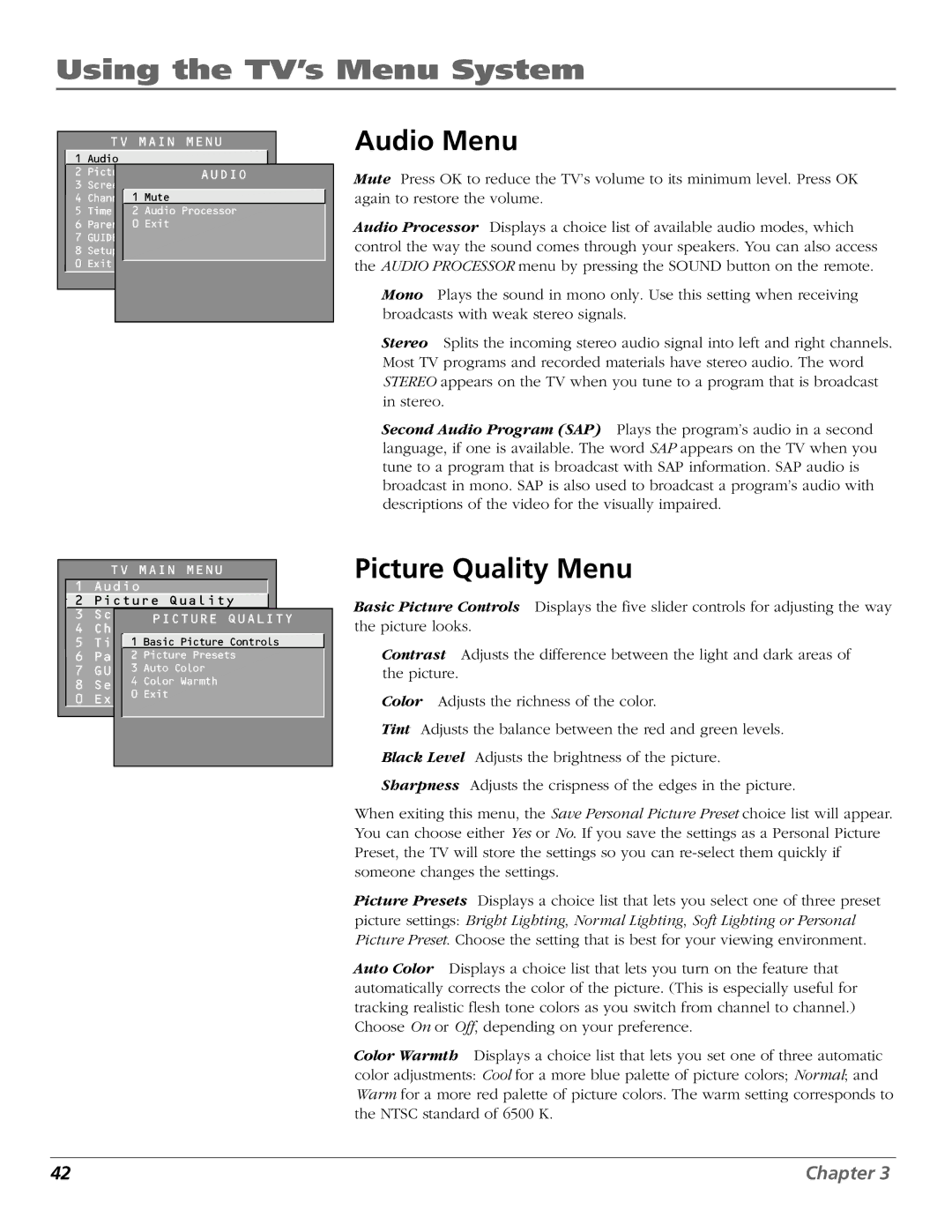 RCA F26432, F19442 manual Audio Menu, Picture Quality Menu 