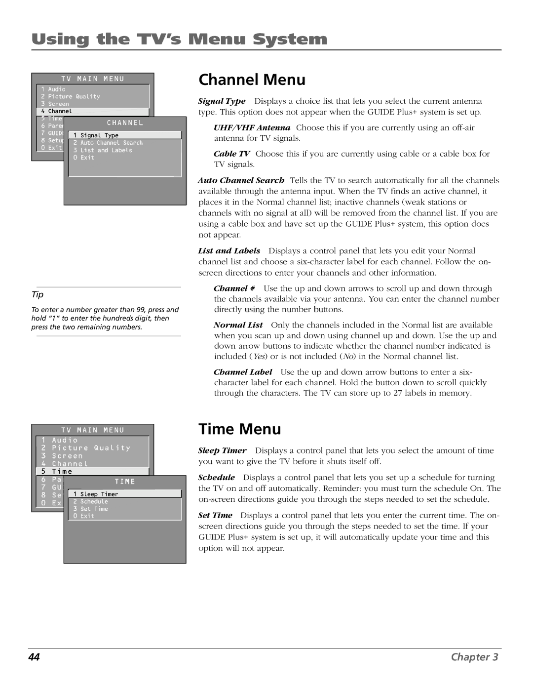 RCA F26432, F19442 manual Channel Menu, Time Menu 