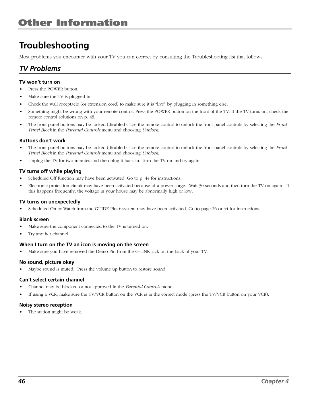 RCA F26432, F19442 manual Other Information, Troubleshooting 