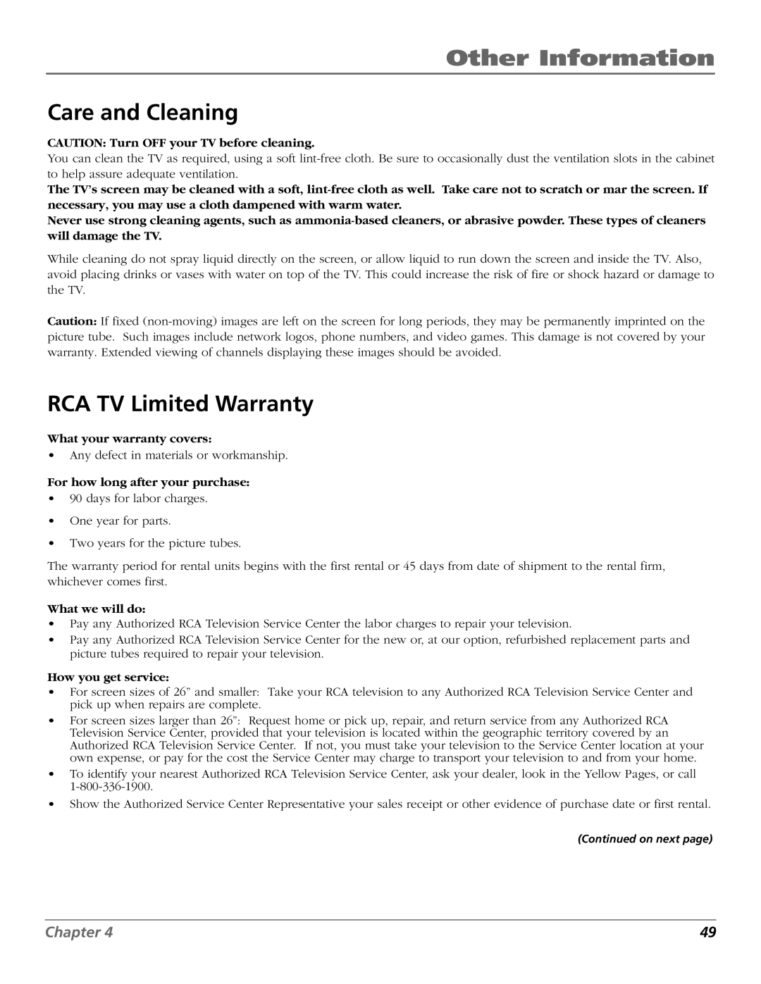 RCA F19442, F26432 manual Care and Cleaning, RCA TV Limited Warranty 