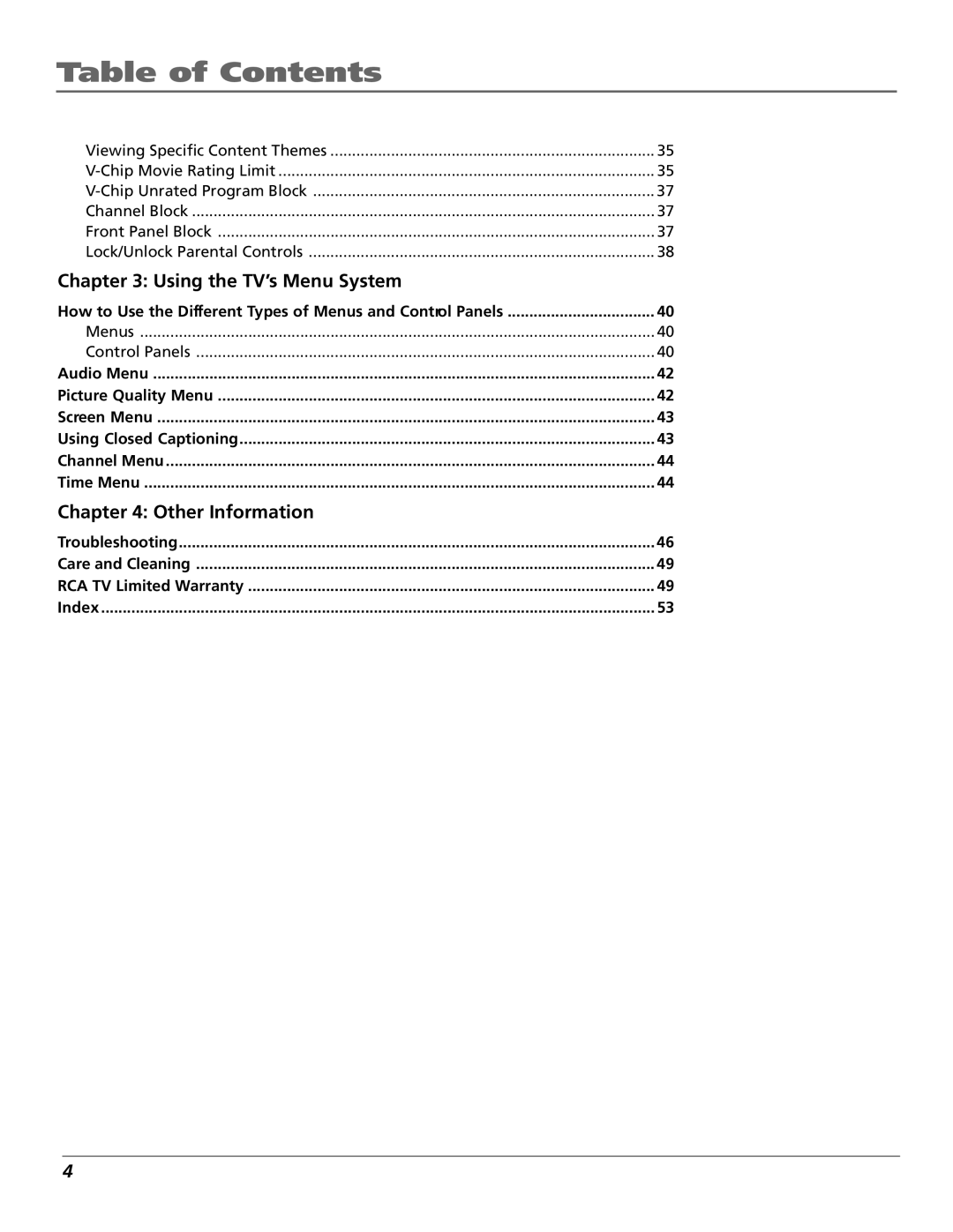 RCA F26432, F19442 manual Table of Contents 