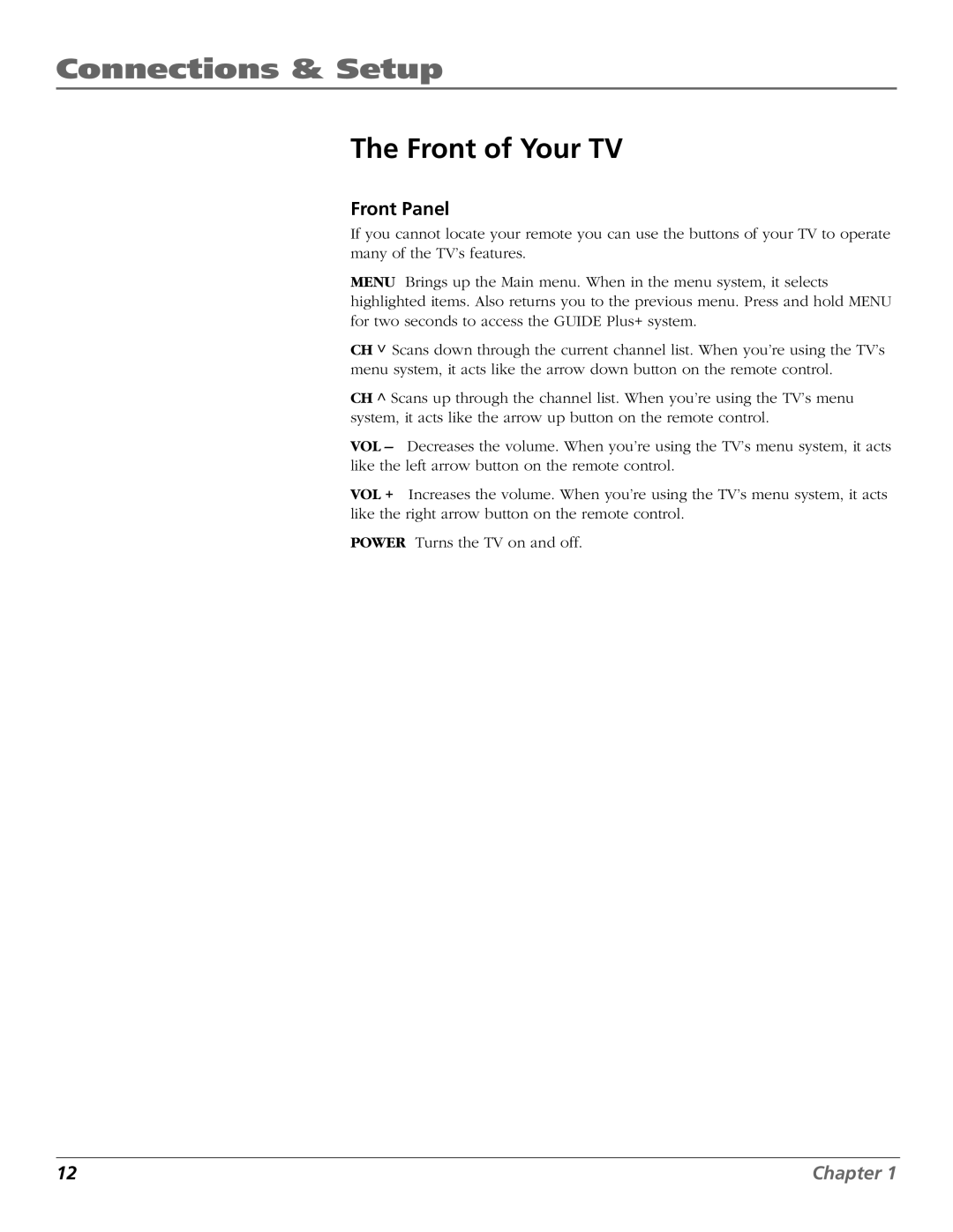 RCA F26433 manual Front of Your TV, Front Panel 