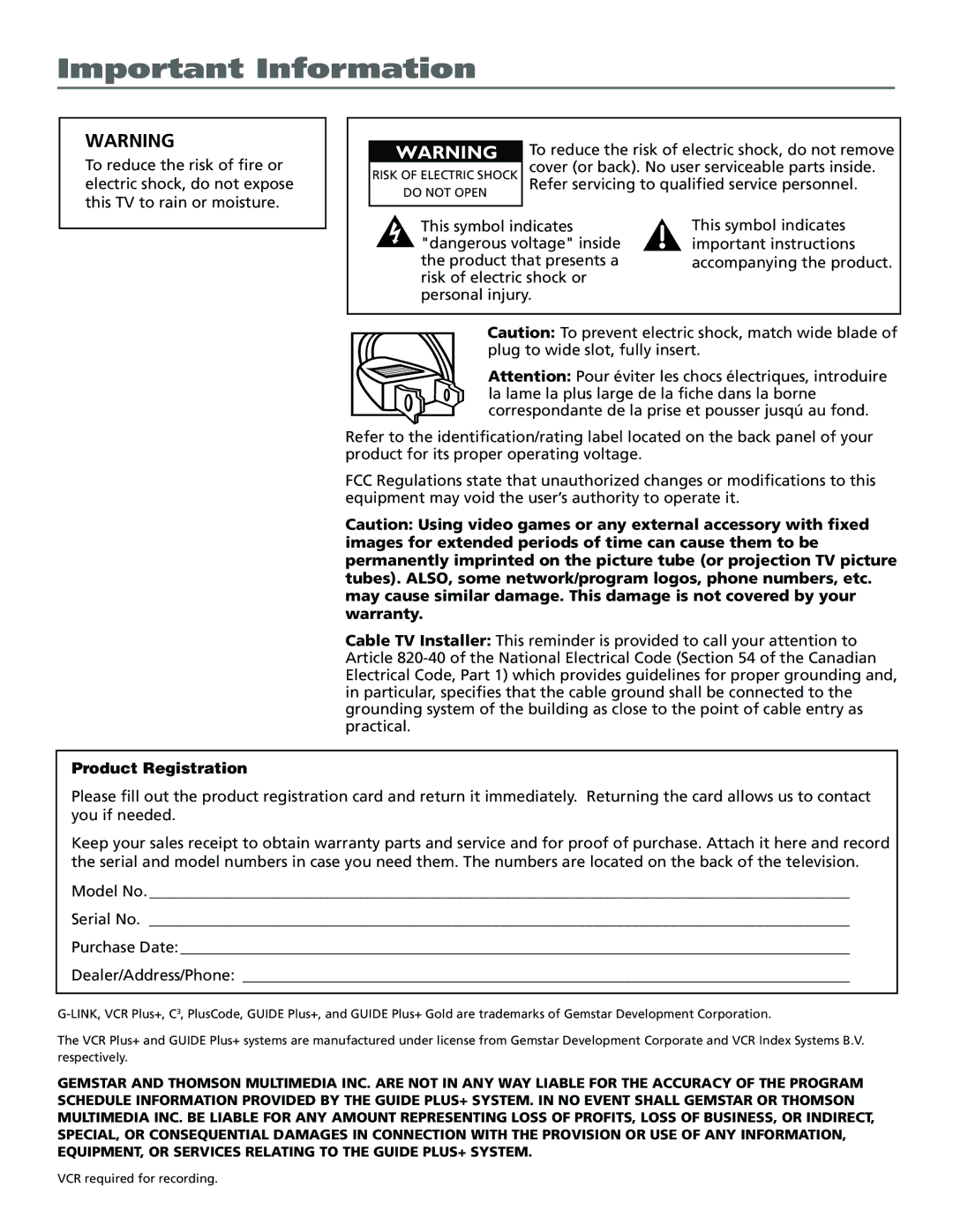 RCA F26433 manual Important Information 