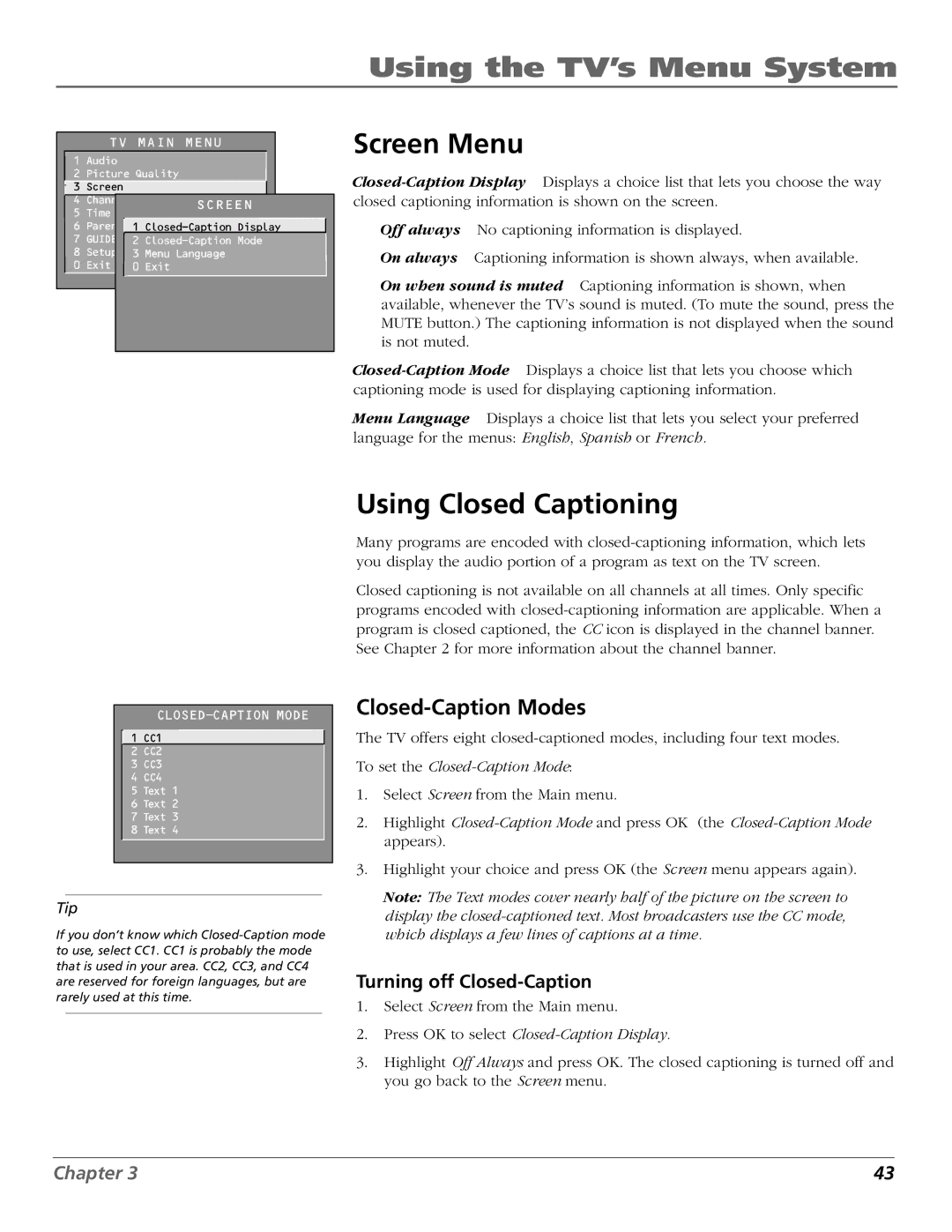 RCA F26433 manual Screen Menu, Using Closed Captioning, Closed-Caption Modes, Turning off Closed-Caption 