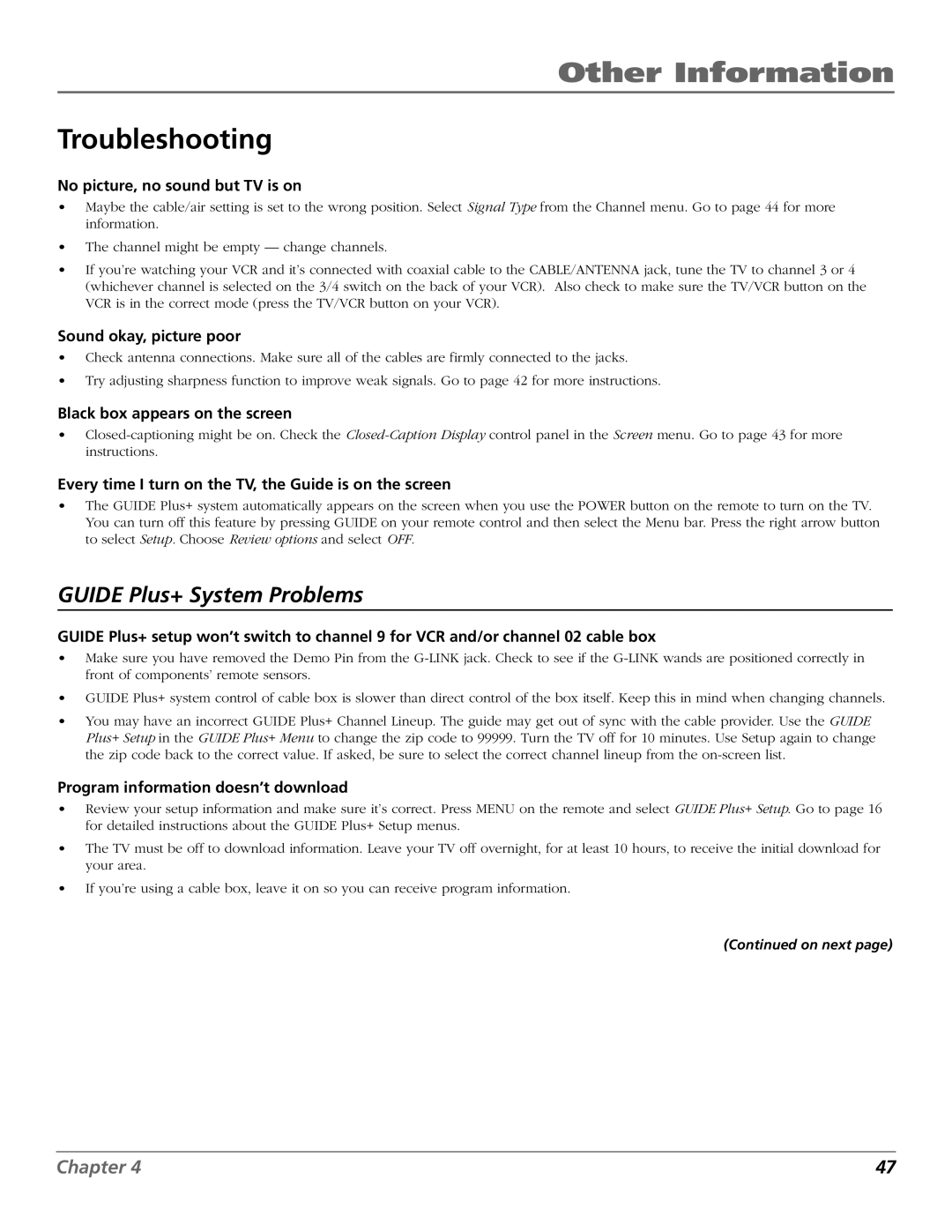 RCA F26433 manual Guide Plus+ System Problems 