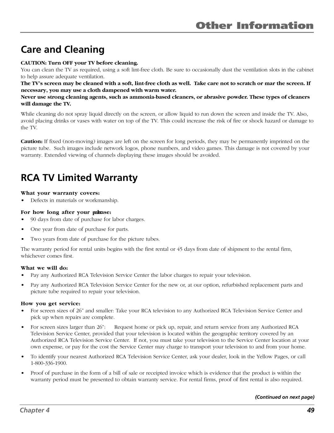 RCA F26433 manual Care and Cleaning, RCA TV Limited Warranty 