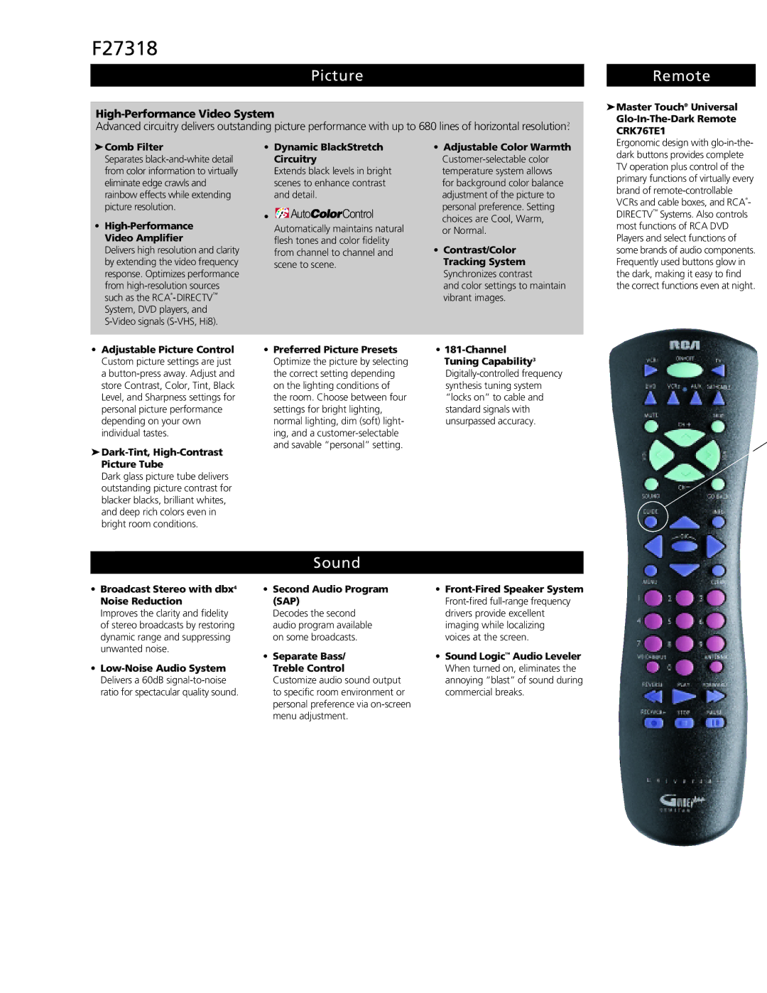 RCA F27318 manual Picture, Remote, Sound 