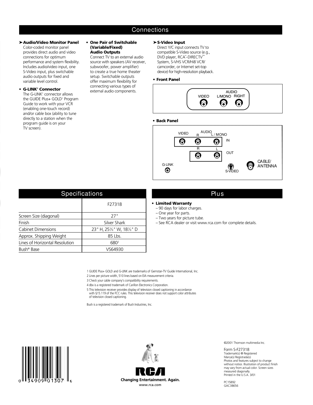 RCA F27318 manual Connections, Specifications Plus 