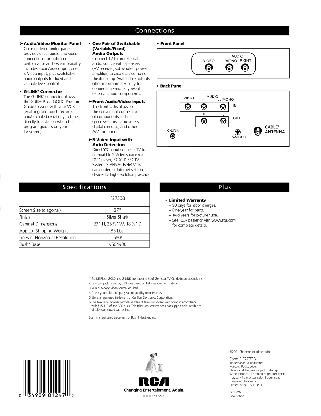 RCA F27338 manual Connections, Specifications Plus 