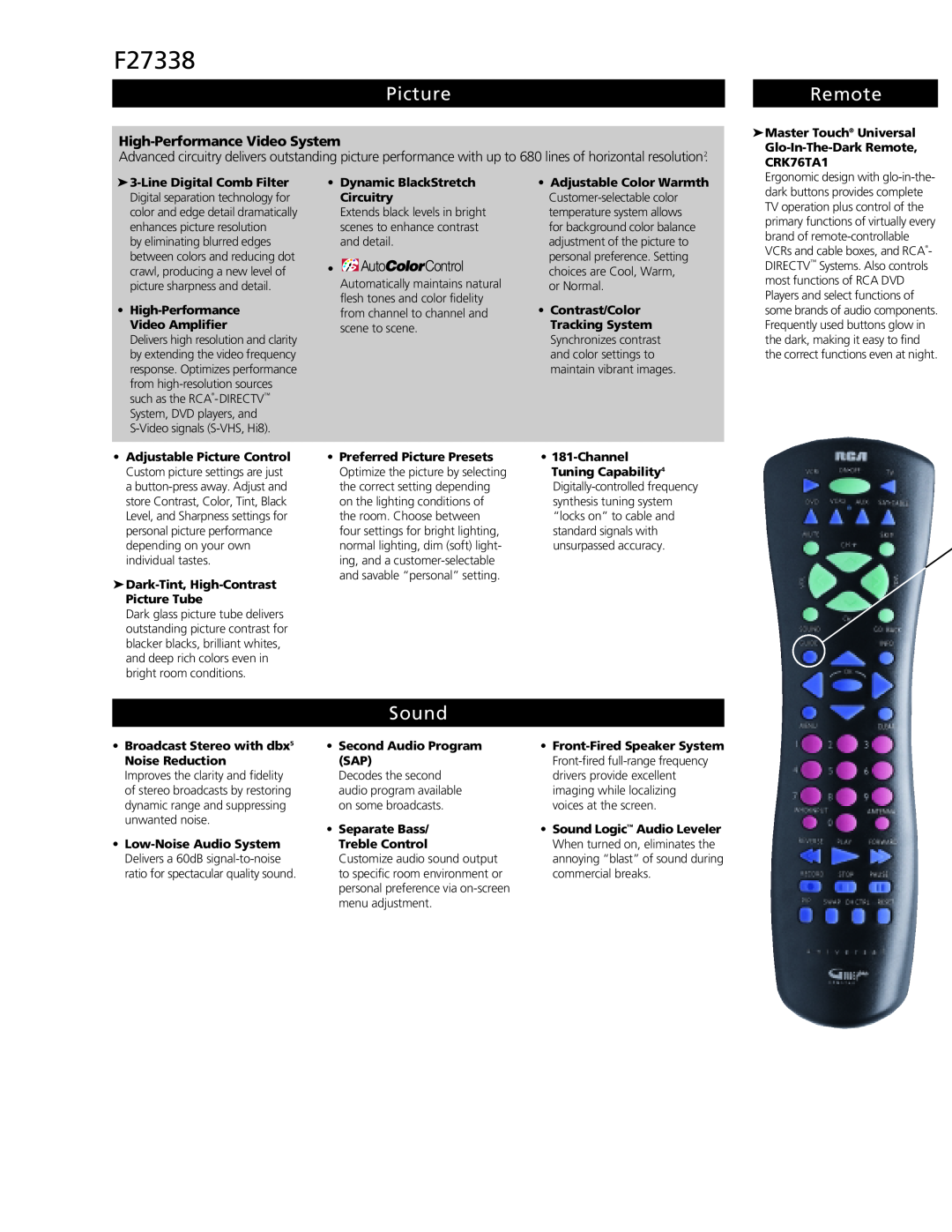 RCA F27338 manual Picture, Remote, Sound, High-Performance Video System 