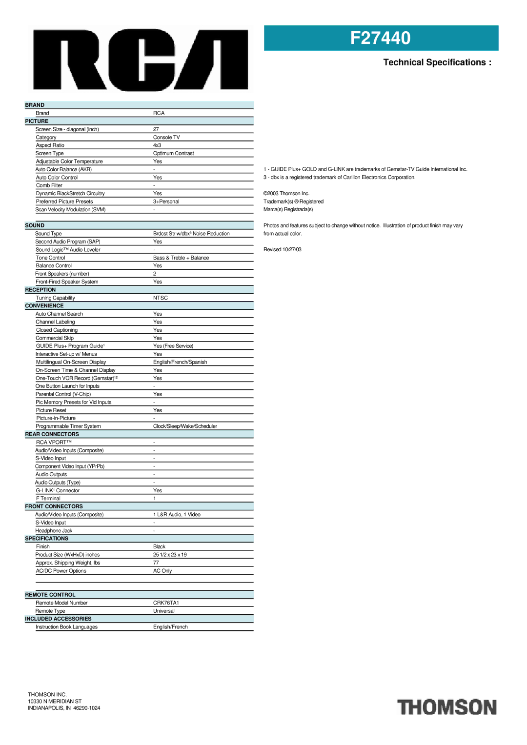 RCA F27440 manual Brand, Picture, Sound, Reception, Convenience, Rear Connectors, Front Connectors, Specifications 