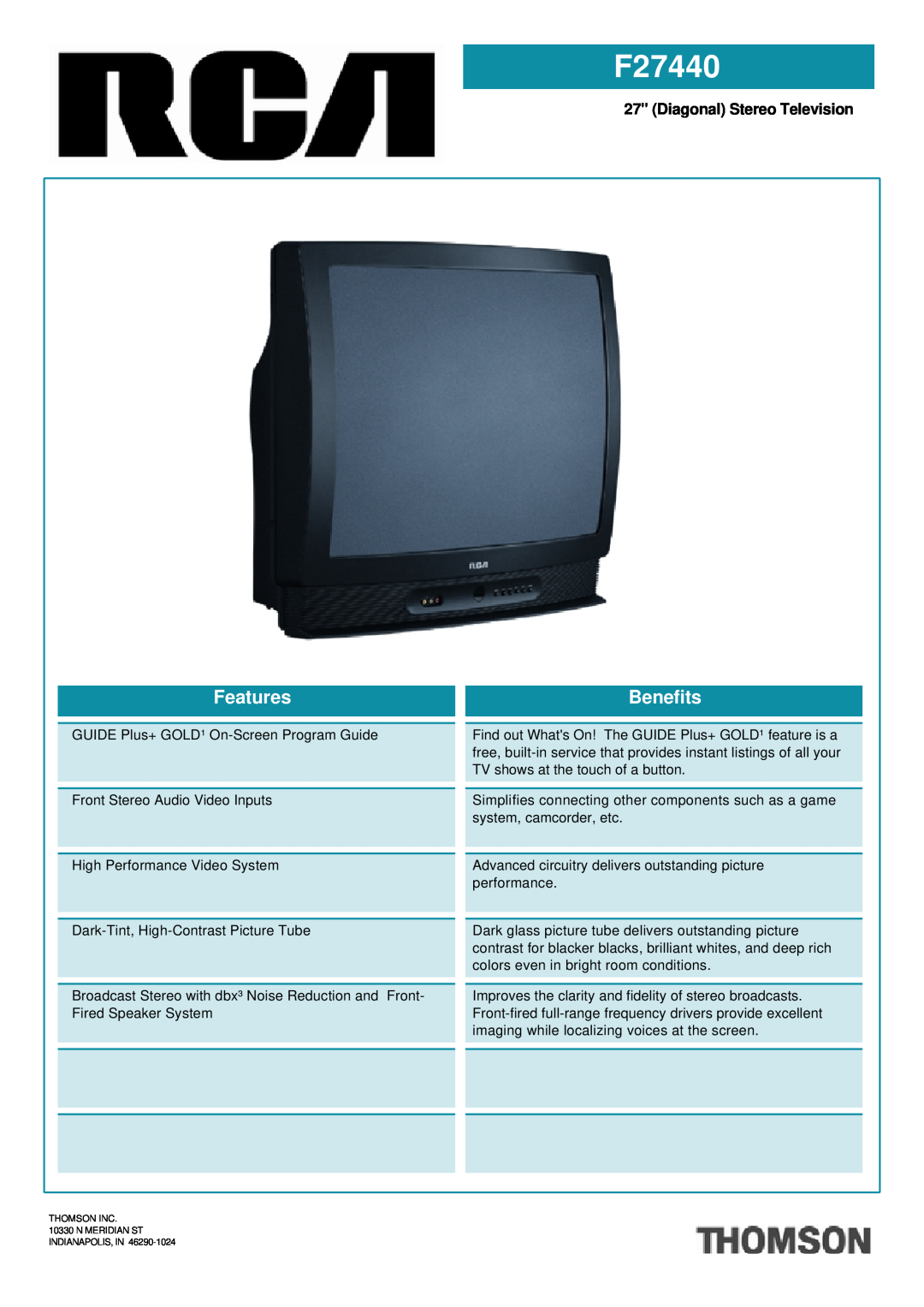 RCA F27440 manual Diagonal Stereo Television, Features, Benefits 