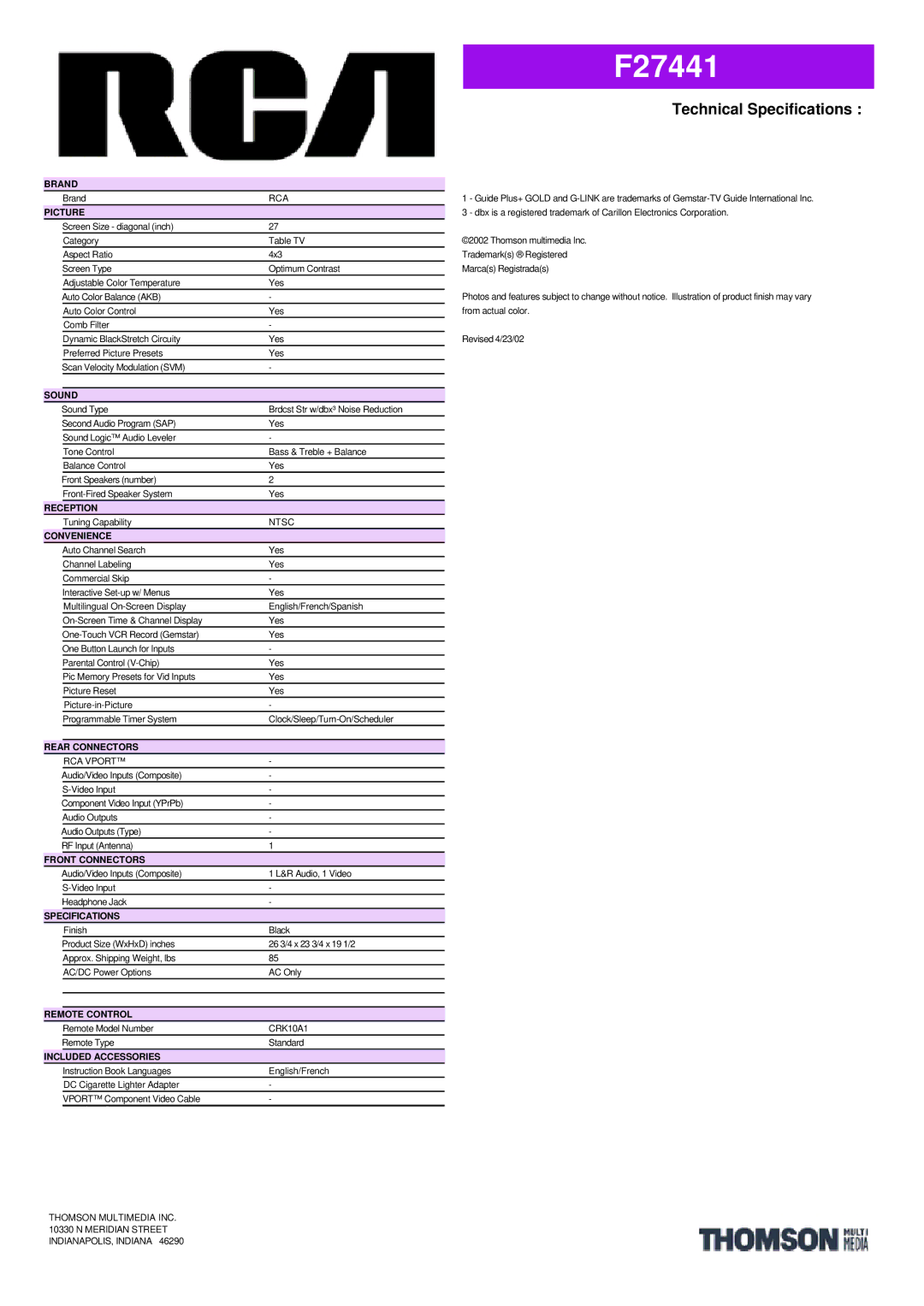 RCA F27441 manual Brand, Picture, Sound, Reception, Convenience, Rear Connectors, Front Connectors, Specifications 