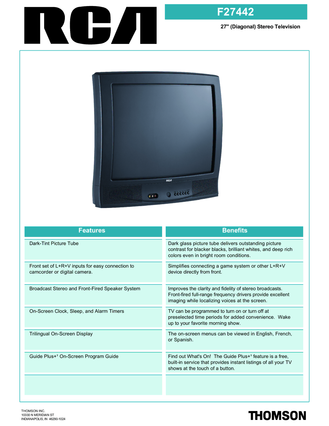 RCA F27442 manual Features Benefits, Diagonal Stereo Television 