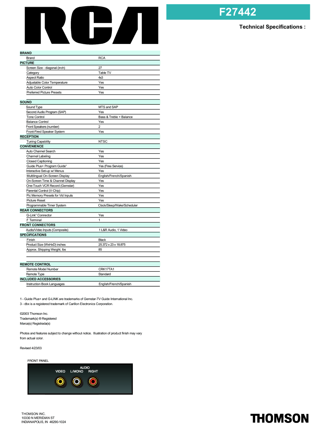 RCA F27442 manual Technical Specifications 