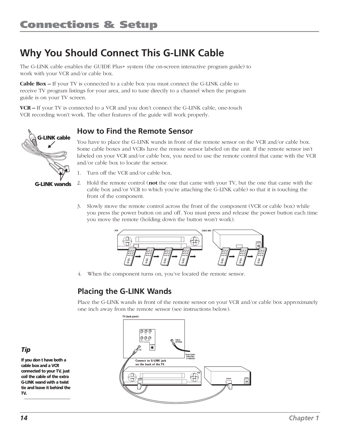 RCA F27443 manual Why You Should Connect This G-LINK Cable, How to Find the Remote Sensor, Placing the G-LINK Wands 