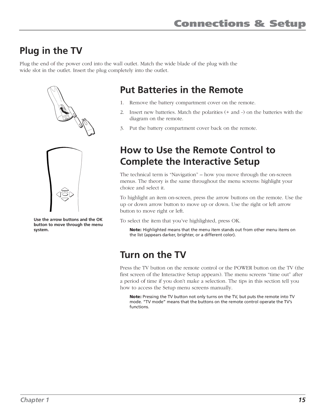 RCA F27443 manual Plug in the TV, Put Batteries in the Remote, Turn on the TV 