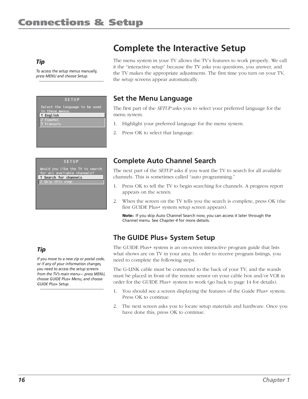 RCA F27443 Complete the Interactive Setup, Set the Menu Language, Complete Auto Channel Search, Guide Plus+ System Setup 