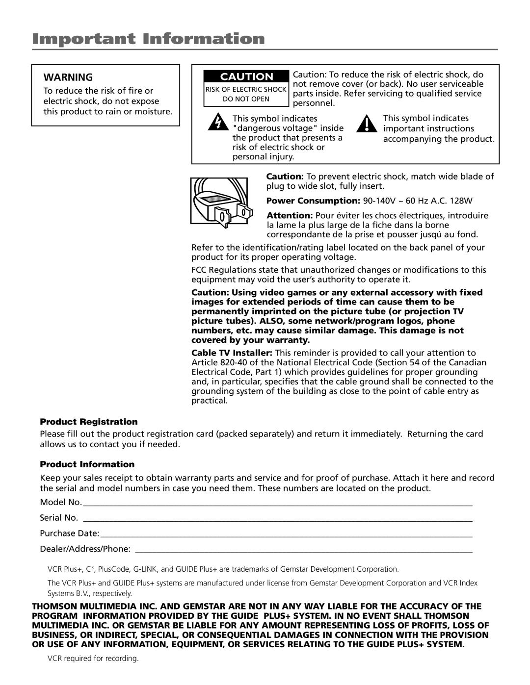 RCA F27443 manual Important Information, Product Registration 