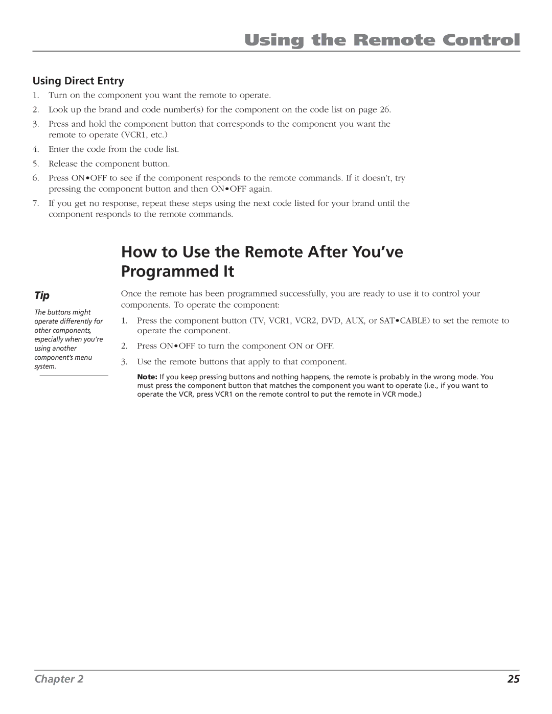 RCA F27443 manual How to Use the Remote After You’ve Programmed It, Using Direct Entry 