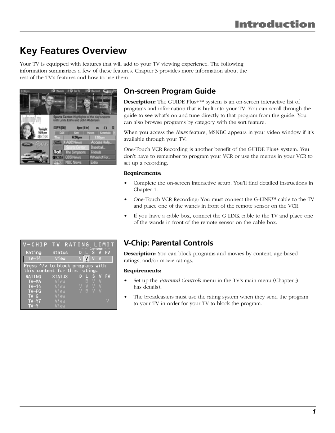 RCA F27443 manual Introduction, Key Features Overview, On-screen Program Guide, Chip Parental Controls 