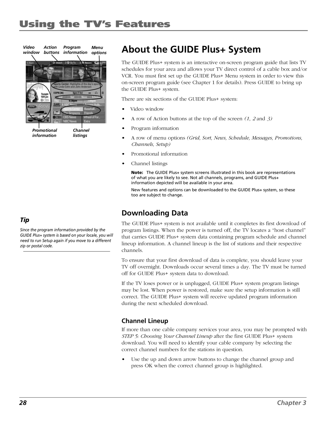 RCA F27443 manual Using the TV’s Features, About the Guide Plus+ System, Downloading Data, Channel Lineup 