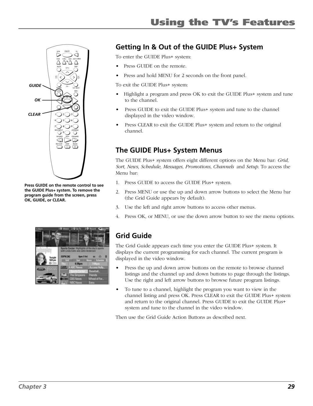 RCA F27443 manual Getting In & Out of the Guide Plus+ System, Guide Plus+ System Menus, Grid Guide 