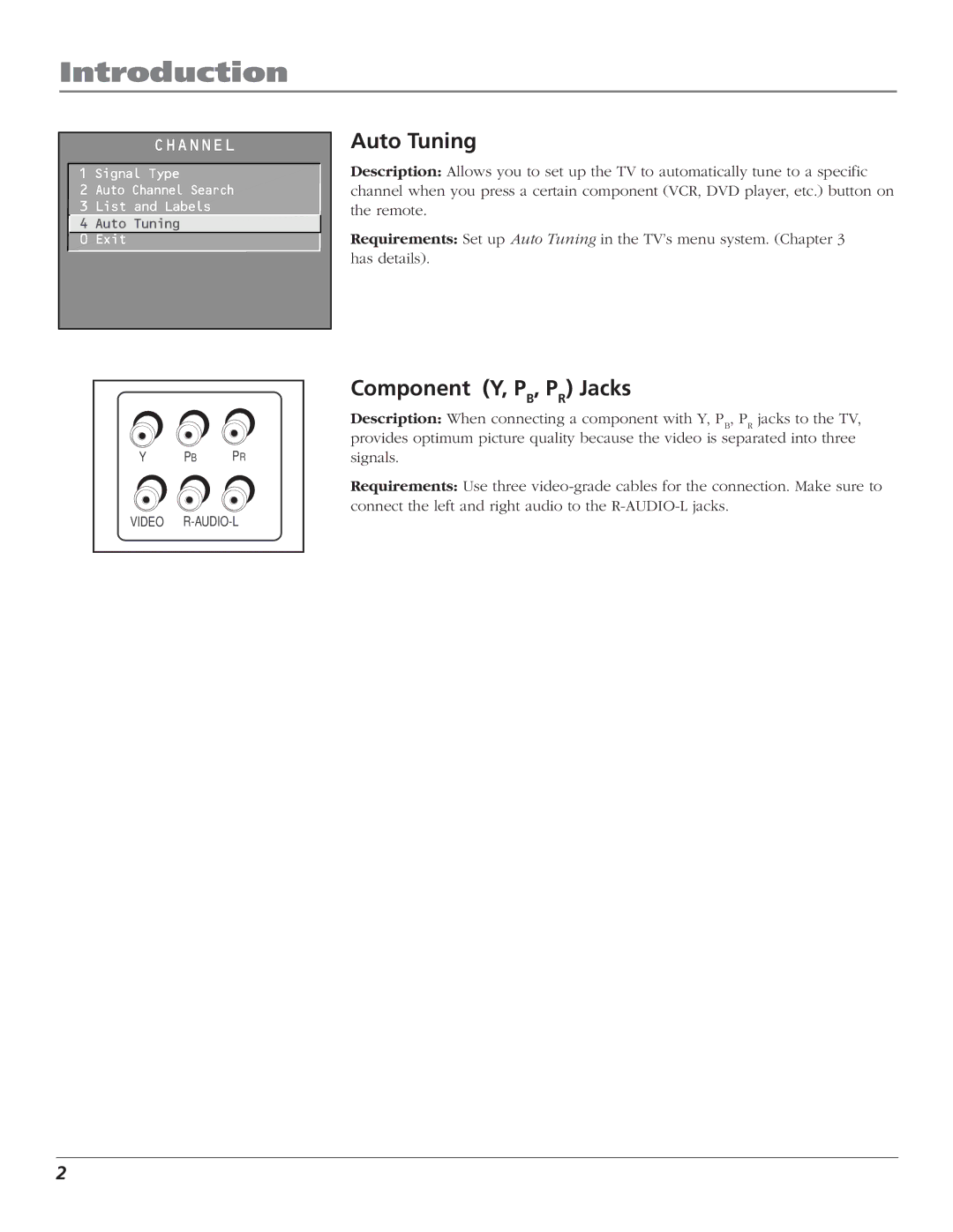 RCA F27443 manual Auto Tuning, Component Y, PB, PR Jacks 