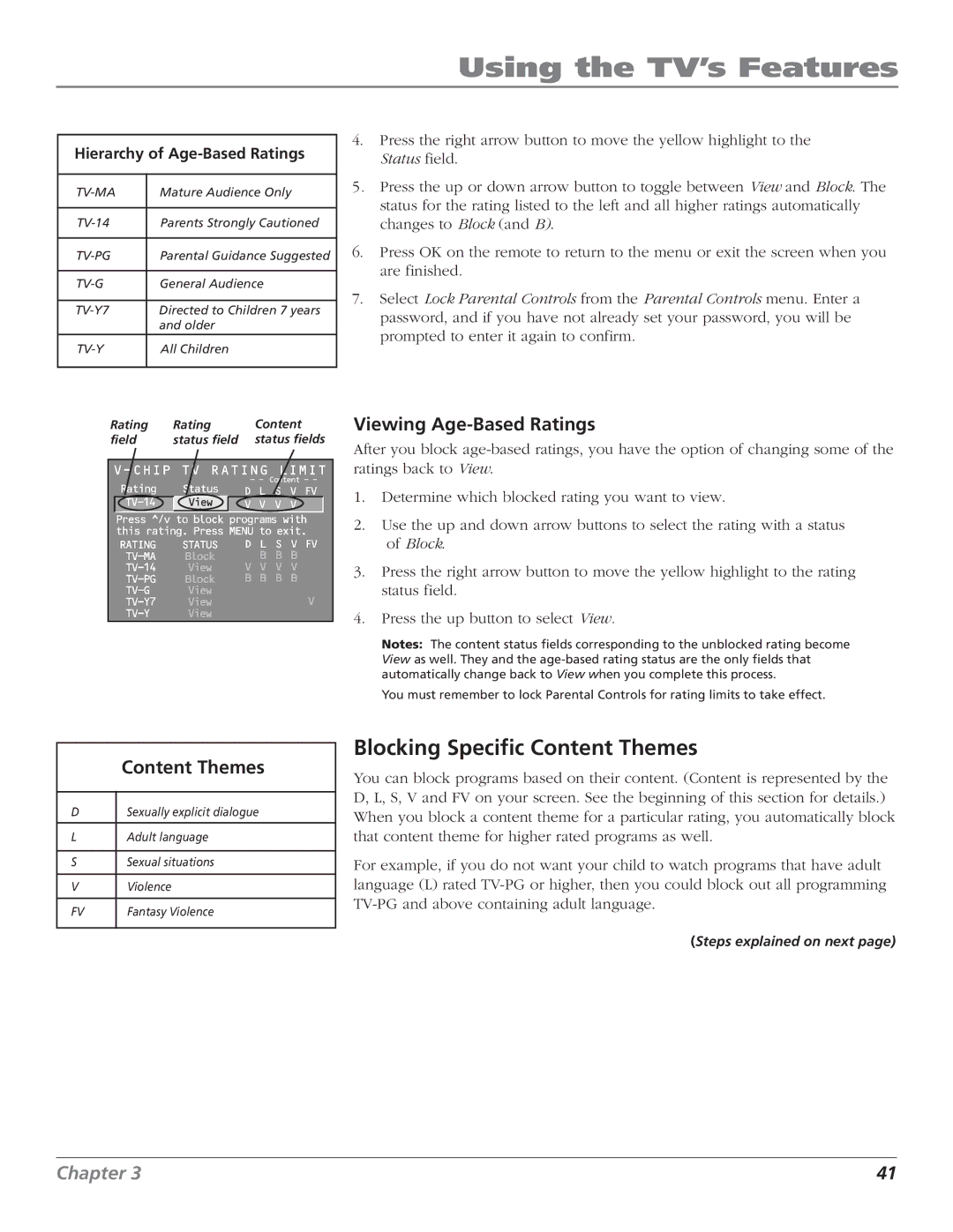 RCA F27443 manual Blocking Specific Content Themes, Viewing Age-Based Ratings 