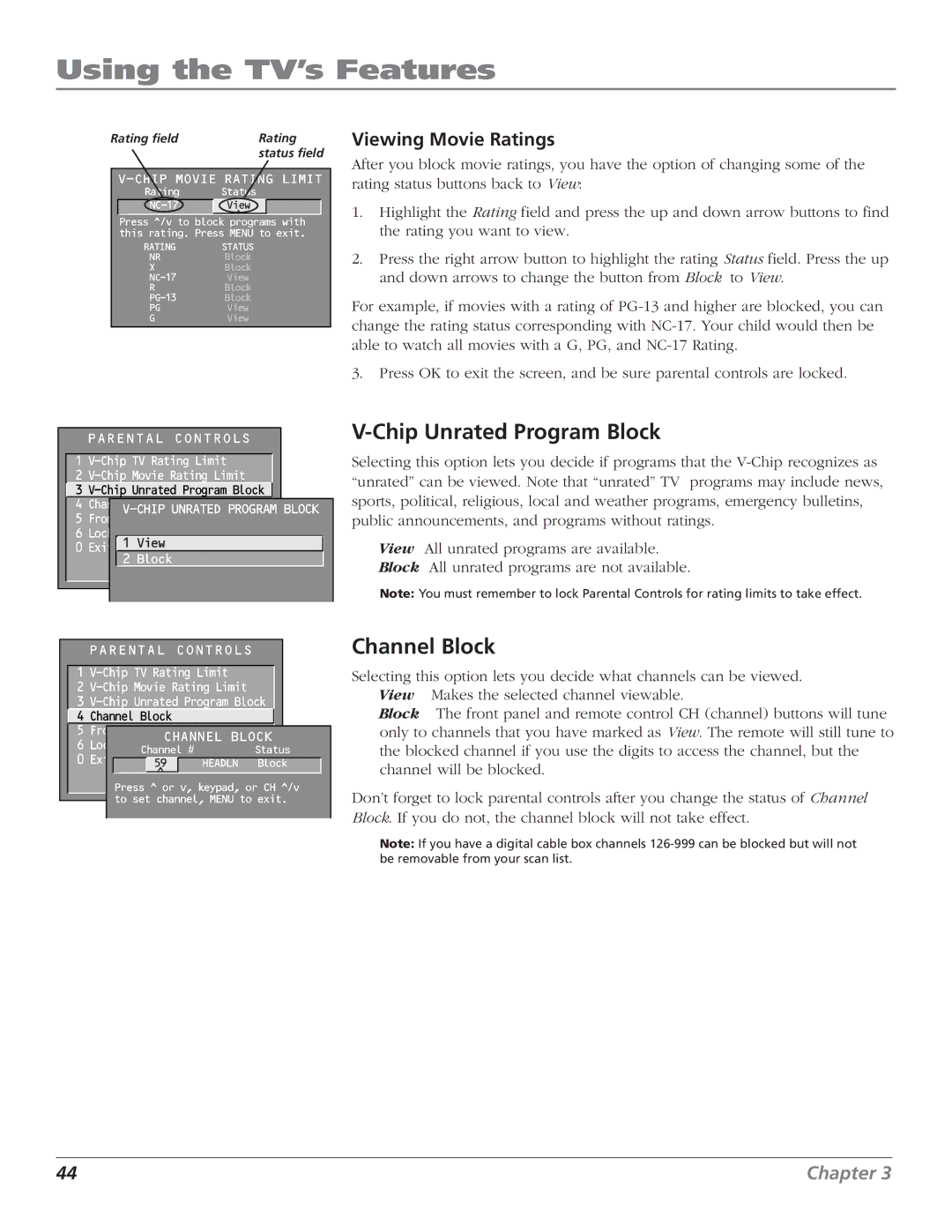 RCA F27443 manual Chip Unrated Program Block, Channel Block, Viewing Movie Ratings 