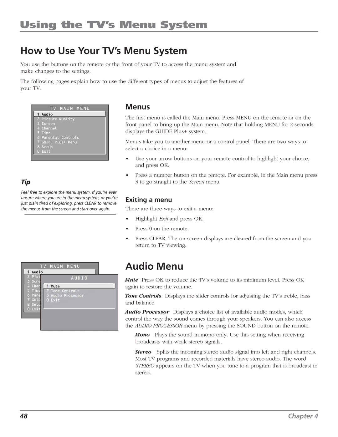 RCA F27443 manual Using the TV’s Menu System, How to Use Your TV’s Menu System, Audio Menu, Menus, Exiting a menu 