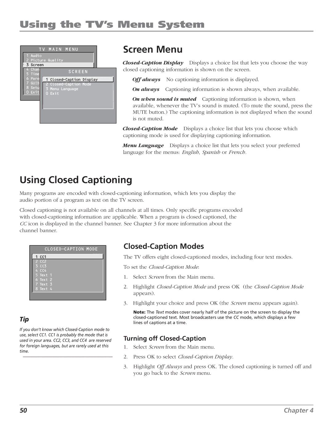 RCA F27443 manual Screen Menu, Using Closed Captioning, Closed-Caption Modes, Turning off Closed-Caption 