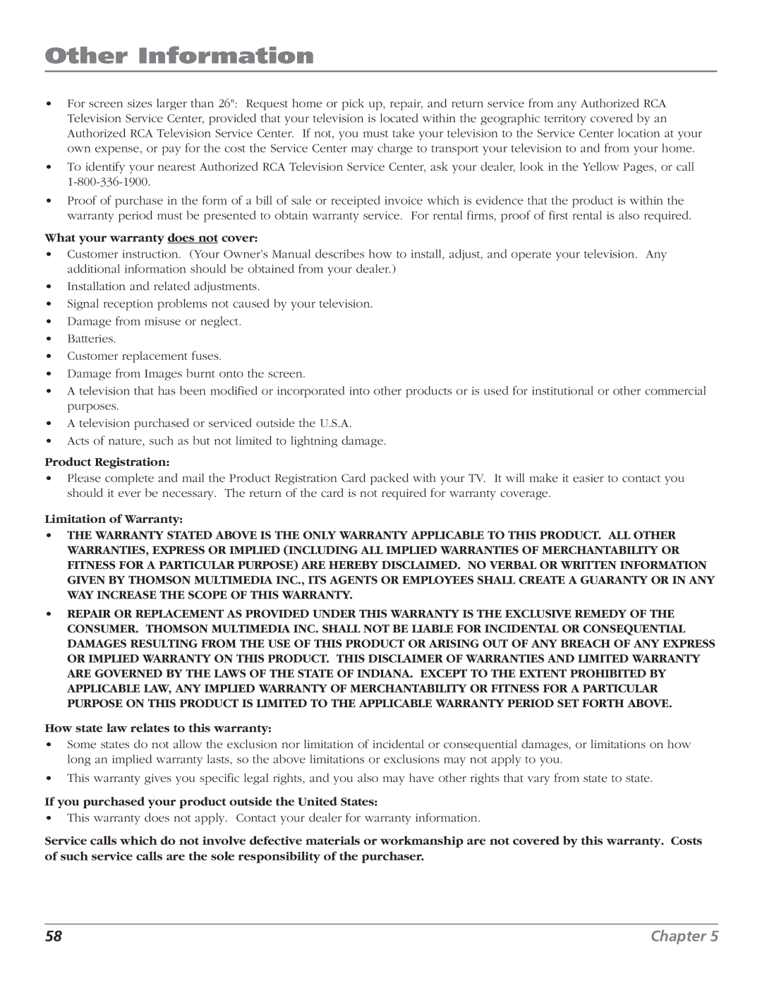 RCA F27443 manual Limitation of Warranty 