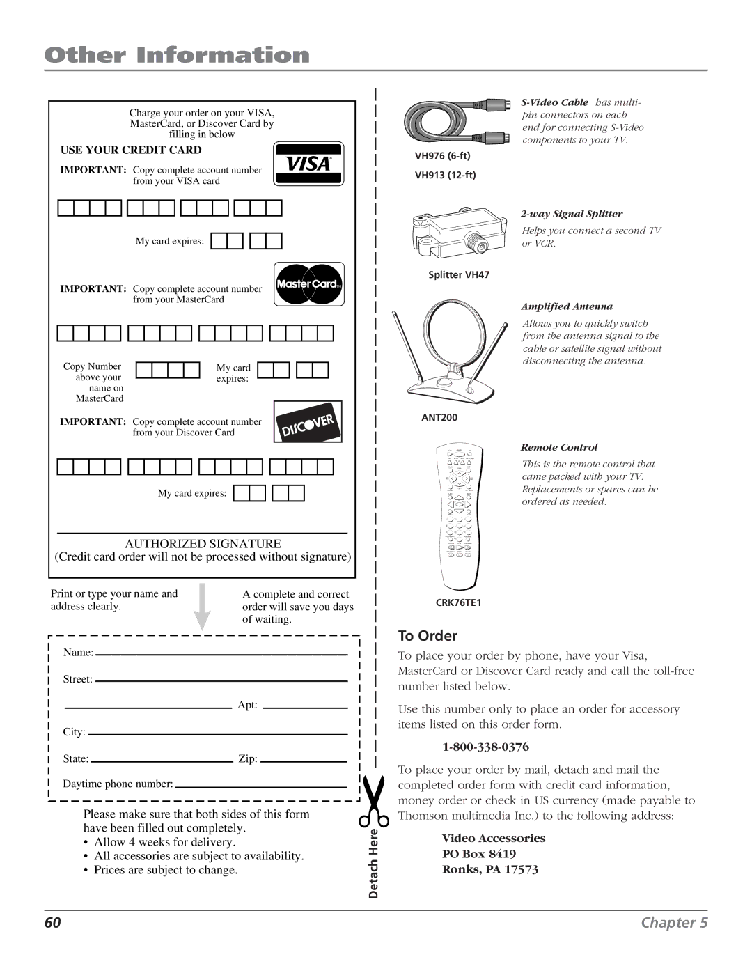 RCA F27443 manual To Order, USE Your Credit Card 