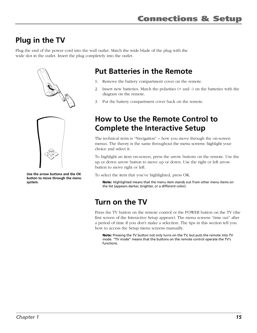 RCA F27450, F32444, F32450, F36444, F36450 manual Plug in the TV, Put Batteries in the Remote, Turn on the TV 